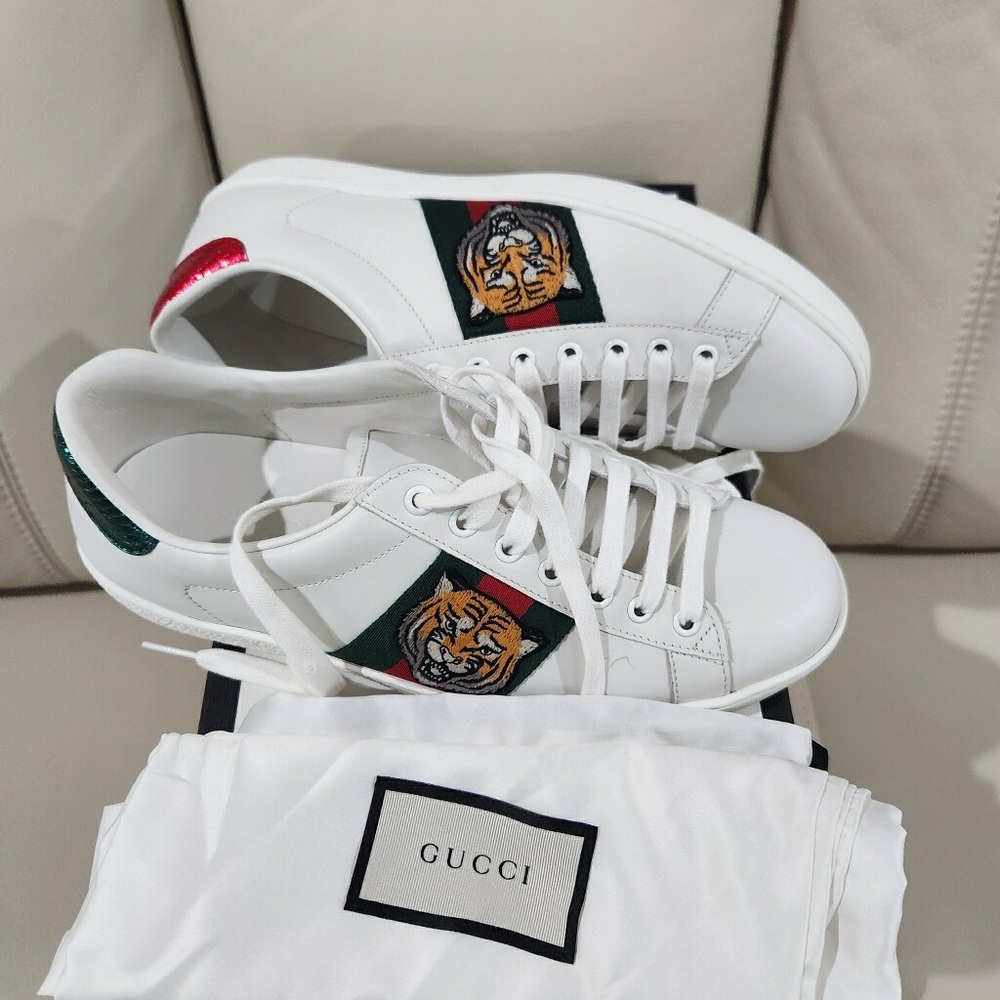 Gucci Ace White Leather Tiger Snake Shoes Trainers Sneakers Size 6/WM8.5-9